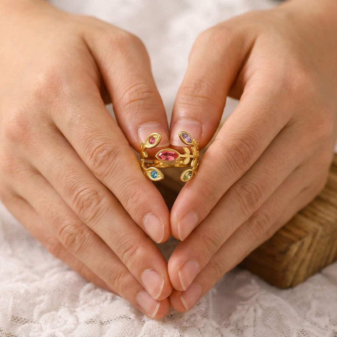 Anillo Ninfa del Bosque | Hojas Bañado en Oro 18K con Cristales de Colores (2x1)