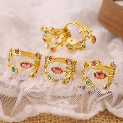 Anillo Ninfa del Bosque | Hojas Bañado en Oro 18K con Cristales de Colores (2x1)