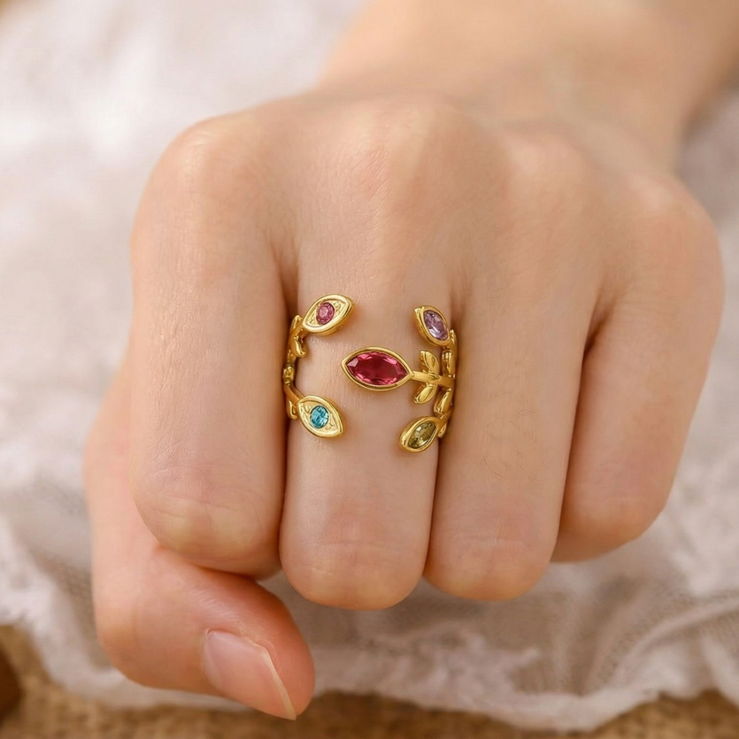 Anillo Ninfa del Bosque | Hojas Bañado en Oro 18K con Cristales de Colores (2x1)