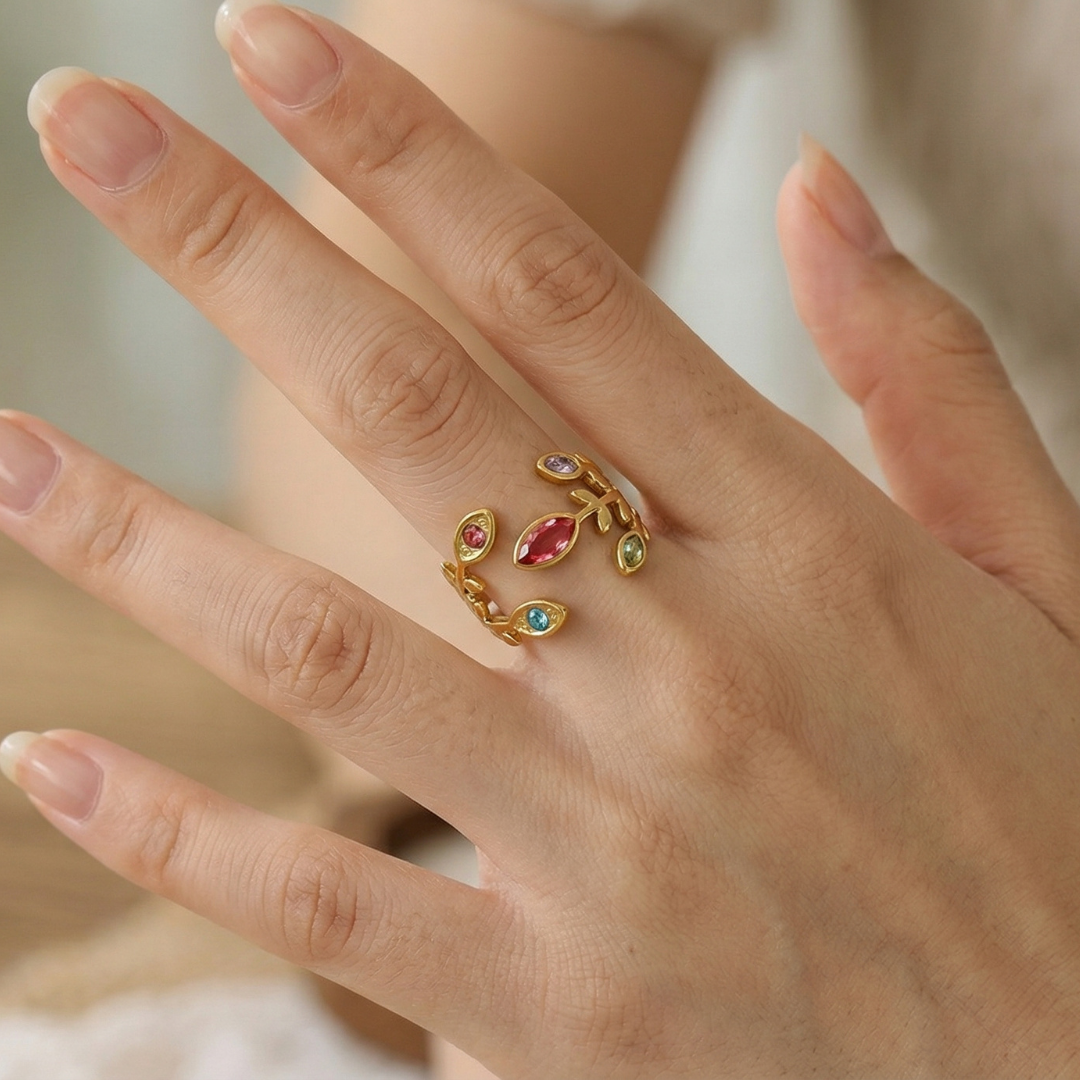 Anillo Ninfa del Bosque | Hojas Bañado en Oro 18K con Cristales de Colores (2x1)