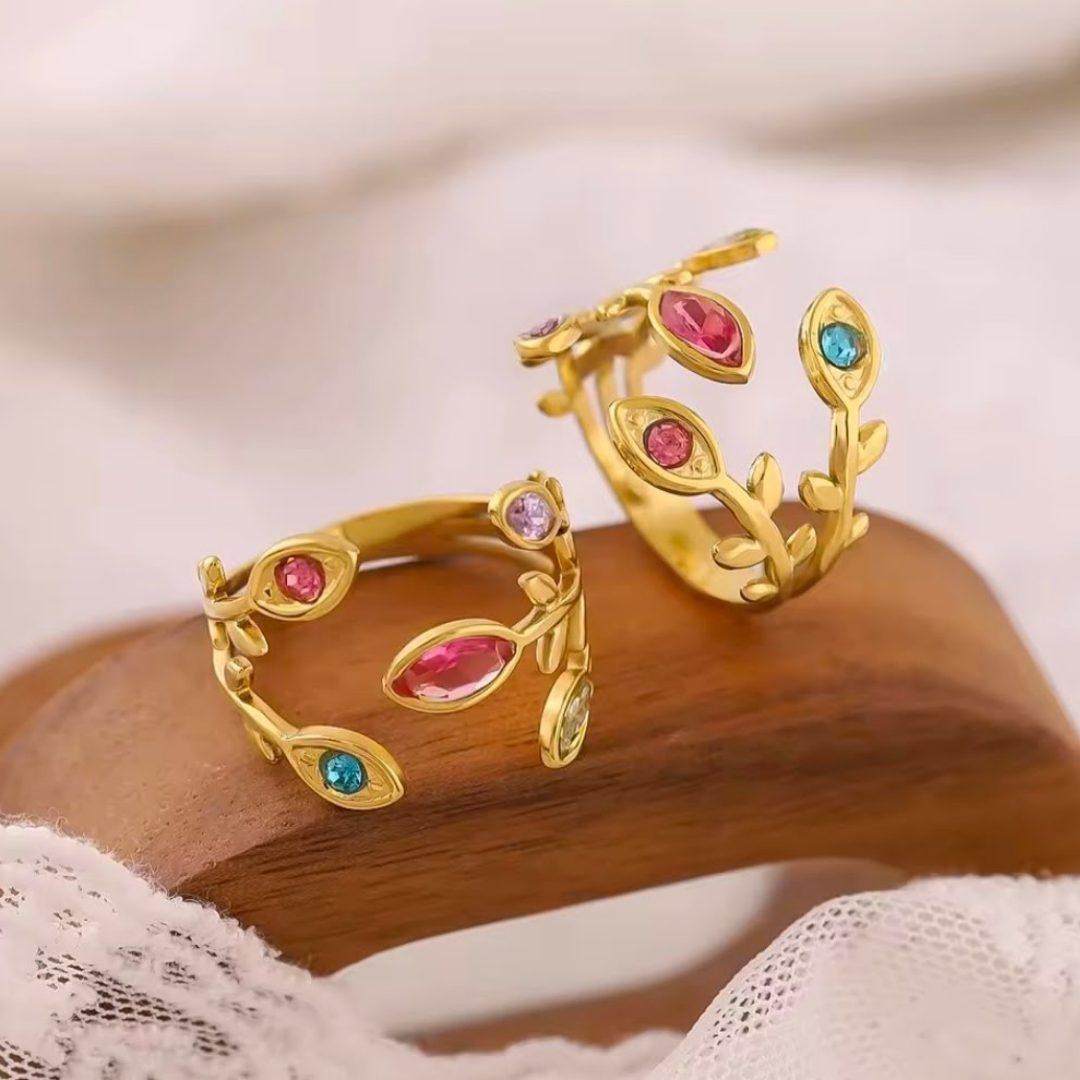 Anillo Ninfa del Bosque | Hojas Bañado en Oro 18K con Cristales de Colores (2x1)