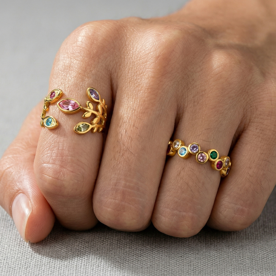 Anillo Ninfa del Bosque | Hojas Bañado en Oro 18K con Cristales de Colores (2x1)