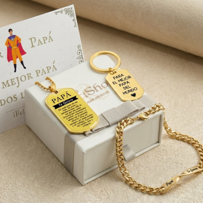 Set Regalo Día del Padre "Super Papá" | Collar + Pulsera + Llavero en Acero 316L