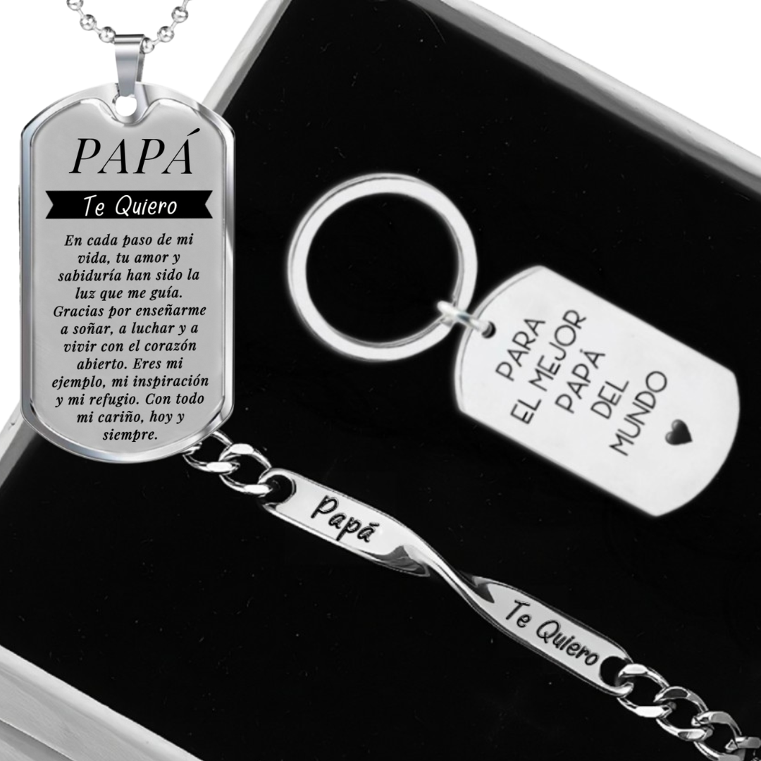 Set Regalo Día del Padre "Super Papá" | Collar + Pulsera + Llavero en Acero 316L